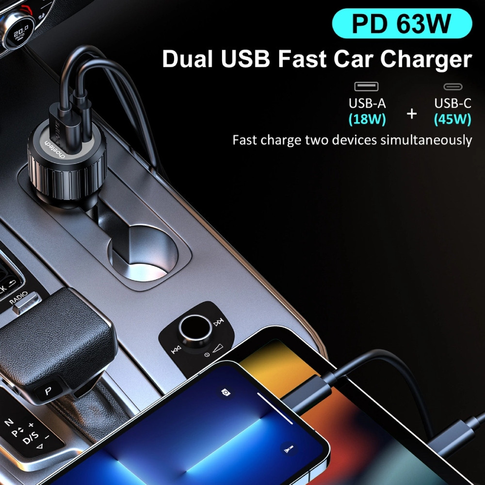 Автозарядка 2xUSB 63W (USB-C+USB-A) PD45W+QC3.018W чорна Choetech Винница - изображение 5