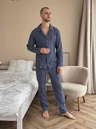 Чоловічий домашній костюм з муслінової тканини на ґудзиках Джинсовий XL-2XL Харків