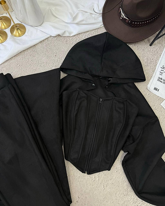 Женский стильный костюм тройка: кофта, корсет и лосины замш на дайвинге Черный, 46/48 Одесса - изображение 10