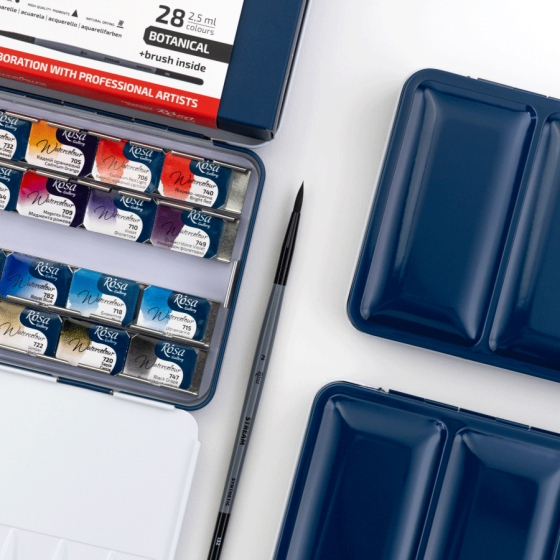 Набір акварельних фарб з пензлем BOTANICAL 28×2,5мл кювета Індіго металевий пенал ROSA Gallery Київ