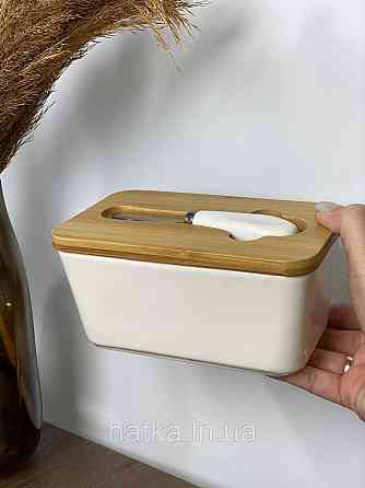 Сирниця керамічна з дерев'яною кришкою й ножем "White 1" 17*10.5*8 см Київ