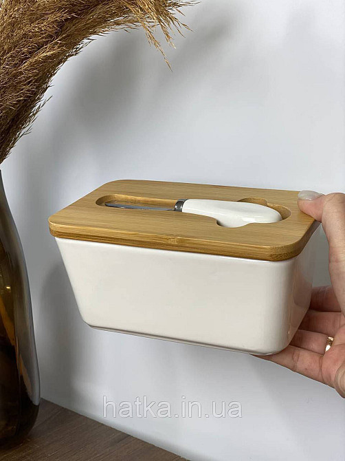 Сирниця керамічна з дерев'яною кришкою й ножем "White 1" 17*10.5*8 см Київ - фото 1
