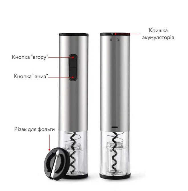 Штопор электрический на батарейках автоматический для вина електроштопор с ножом для фольги, серебристый Кам'янець-Подільський - фото 5