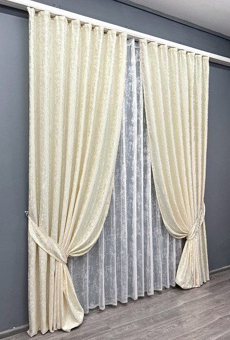Комплект штор VR-Textil Льон Мармур 200х270 2шт і Тюль 500х270 1908ш-1400т Молочний з білим 71-136/6 Київ - фото 2