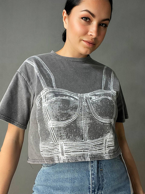 Футболка женская A-N 2732 вареная короткая широкая рисунок корсет бра, серый, one size Киев - изображение 1