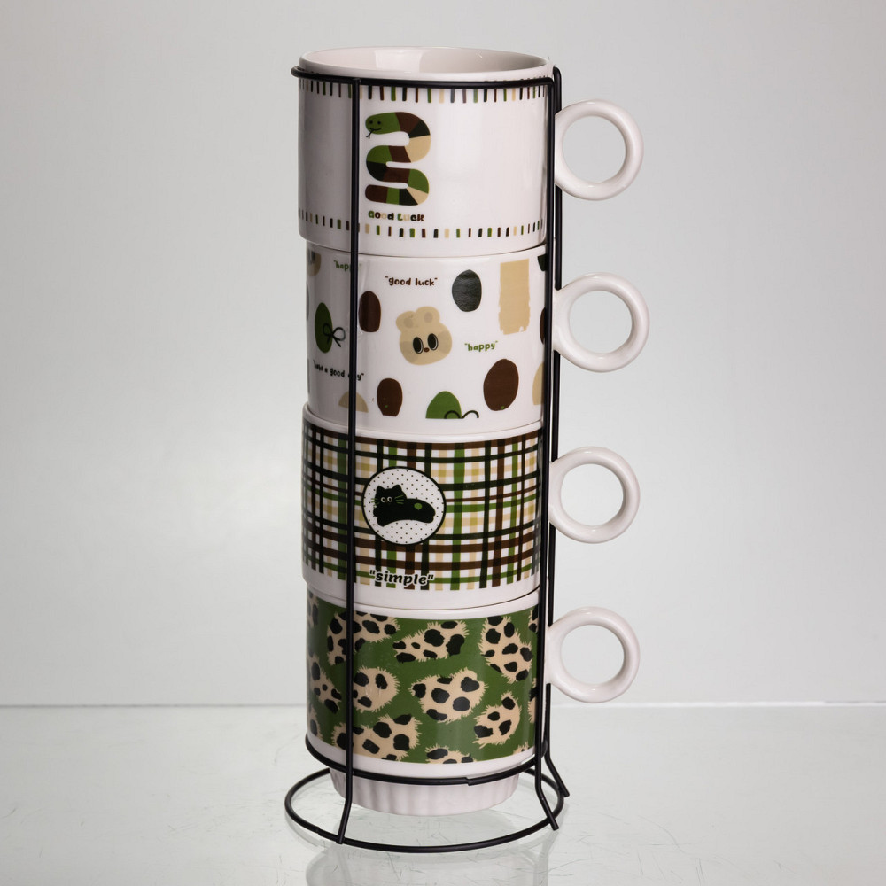 Набір чашок для чаю та кави на металевій підставці Lucky 4 (шт) по 300 (мл) подарунковий набір порцелянових чашок FM-16 Коломия - фото 2