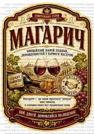 Етикетка і контретикетка на пляшку вина або ігристого «Магарич» | подарункова наліпка на пляшку | етикетка з плоттерною порізкою Одеса