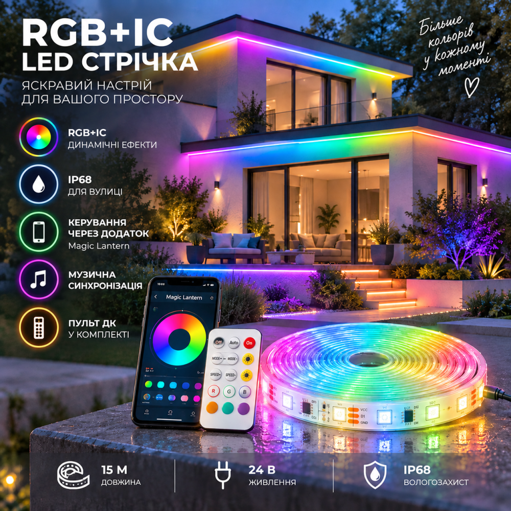 Уличная LED лента RGB+IC 15 м IP68, 24 В, Bluetooth, приложение Magic Lantern, пульт ДУ, синхронизация с музыкой Киев - изображение 1