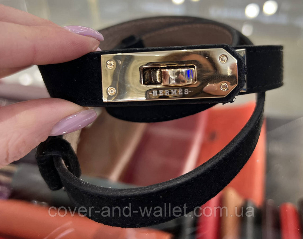 Тонкий жіночий замшевий ремінь чорного кольору з стильною пряжкою Kelly 20 мм Puos Київ - фото 4