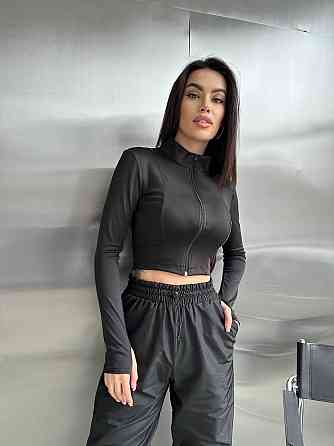 Женский прогулочный костюм двойка: кофта и штаны микродайвинг + плащевка Черный, 46/48 Одесса