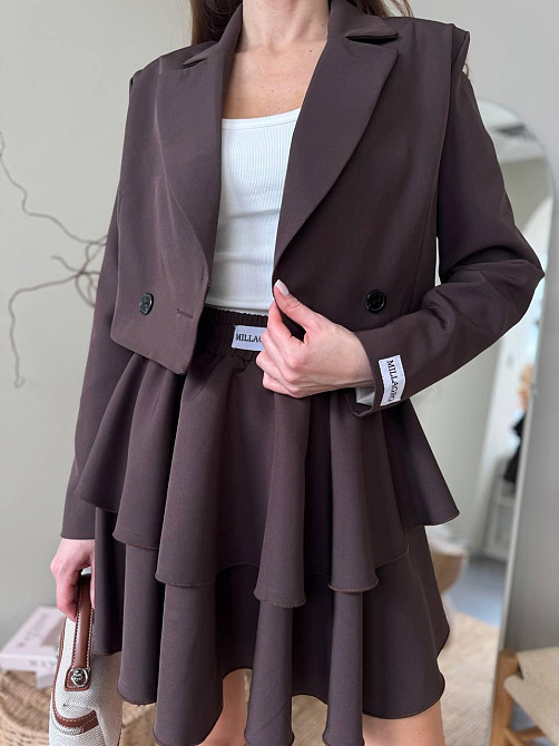 Женский стильный костюм двойка: пиджак и юбка креп-костюмка + подкладка Шоколад, 46/48 Одесса - изображение 1