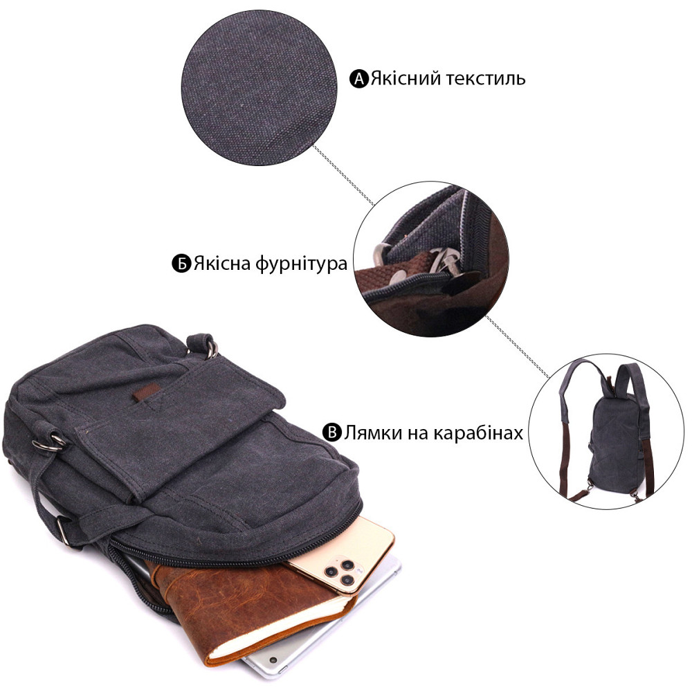 Зручний текстильний рюкзак у стилі мілітарі Vintagе 22179 Чорний Київ - фото 5