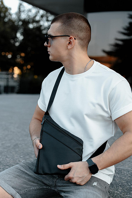 Сумка-слінг із натуральної шкіри, сумка через плече чоловіча SL024 (Чорна) Суми - фото 5