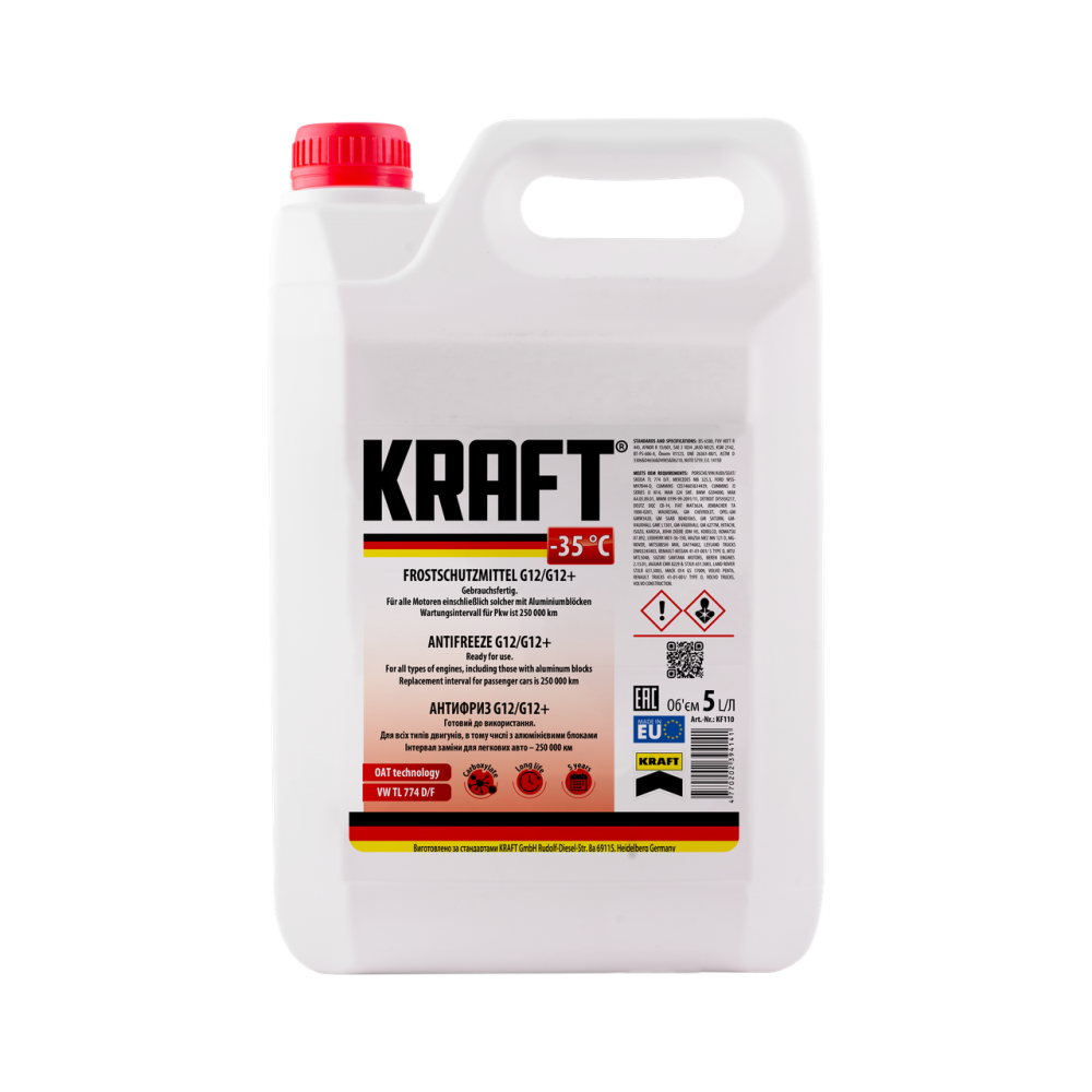KRAFT KF110 — Антифриз готовий -35 °C G12/G12+ червоний 5 л | Охолоджувальна рідина для легкових та вантажних автомобілів Ковель - фото 1