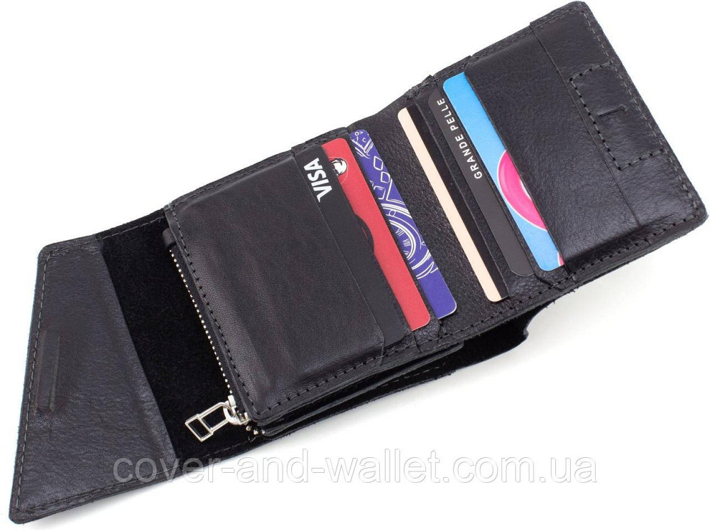 Маленький чоловічий гаманець із італійської шкіри чорного кольору на магніті Grande Pelle 910410 Київ - фото 3