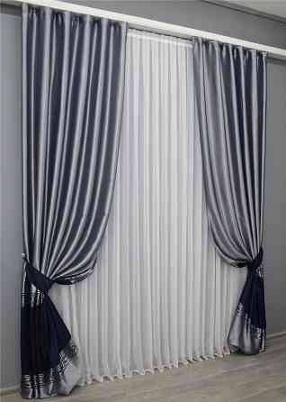Комплект готовых штор VR-Textil ANZIO № 1463ш Серебристый с синим 140х290 см 2 шт (33-0334) Киев
