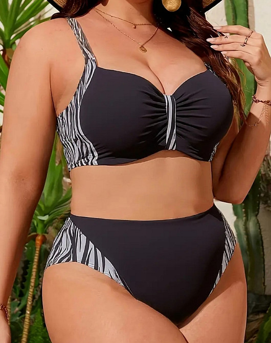 Роздільний купальник великого розміру жіночий леопардовий чорно-білий Київ - фото 1