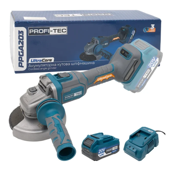 Потужна акумуляторна кутова шліфувальна машина PROFI-TEC PPGA203 UltraCore : з АКБ 20V 4.0Ah, диск 125 мм (007639) Київ