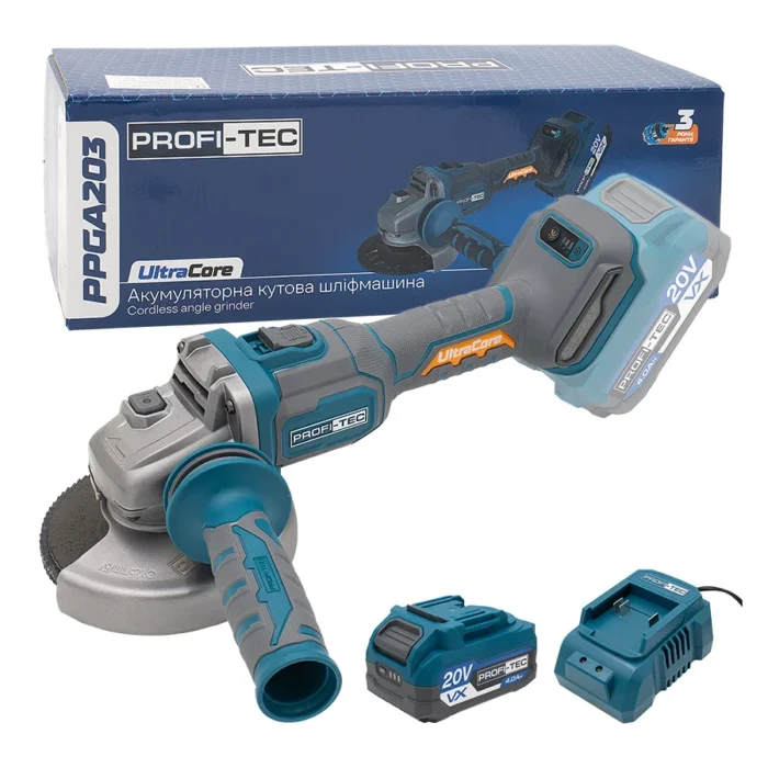Потужна акумуляторна кутова шліфувальна машина PROFI-TEC PPGA203 UltraCore : з АКБ 20V 4.0Ah, диск 125 мм (007639) Київ - фото 1