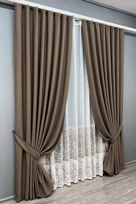Комплект штор VR-Textil рогожка преміум TERRA LUXE 150х270 2шт і Тюль 400х270 1860ш-1668т Какао з білим 71-115/3 Київ - фото 2