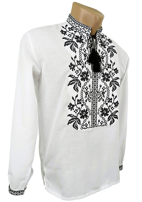 Чоловіча вишиванка на довгий рукав чорним квітковим орнаментом на білому полотні Київ - фото 1