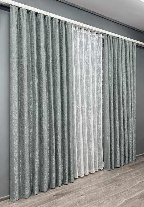 Комплект штор VR-Textil Льон Мармур 200х270 2шт і Тюль 600х270 1264ш-1400т Сірий з білим 71-134/7 Київ - фото 3