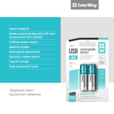 Акумулятор ColorWay AA USB-С 2220 mAh 1.5V (2шт) (Li-Polymer) (CW-UBAA-10) Вінниця