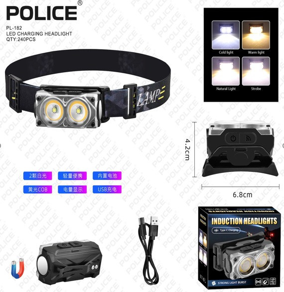 Налобний ліхтар Police PL-182, білий+жовтий, акум, магніт, Type-C Дніпро - фото 2