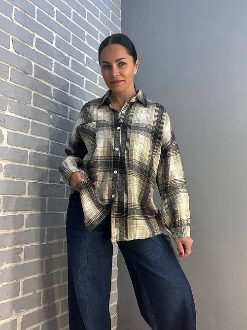 Сорочка жіноча A-N 211 картата оверсайз в клітинку тепла байкова кишеня one size темно бежева, темно-бежевий, one size Київ - фото 8
