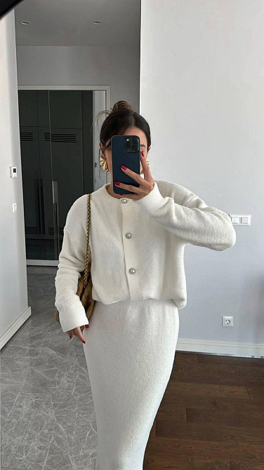 Жіночий теплий елегантний костюм: кофта + спідниця міді щільна подвійна ангора Молочний, 46/48 Одеса - фото 1