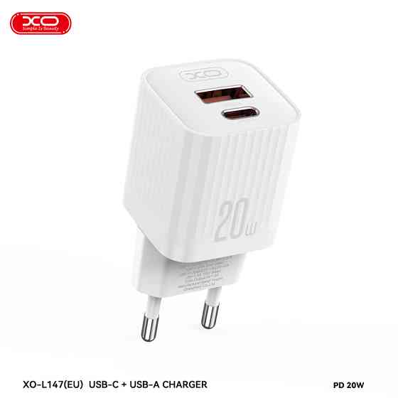 Мережевий зарядний пристрій XO L147 PD20W 1USB-A+1USB-C Type-C кабель білий Львів
