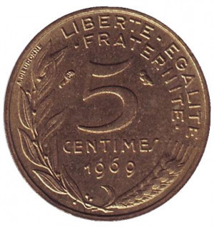 Монета 5 сантимів. 1966-2001 рік, Франція Полтава - фото 1