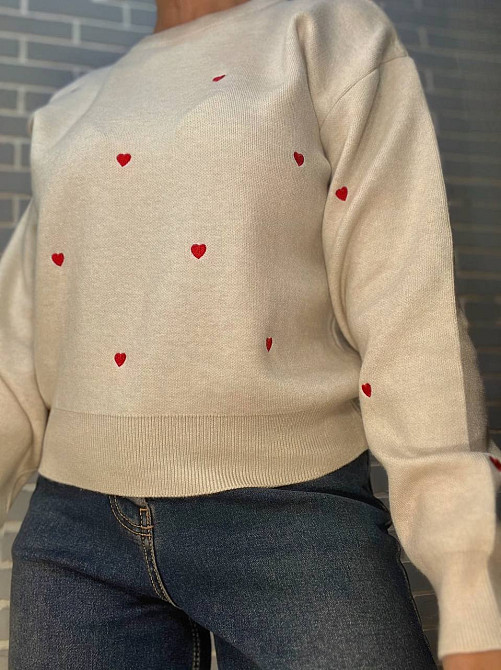 Светр жіночий A-N 7075 оверсайз широкий вишиті серця, бежевий, one size Київ - фото 12