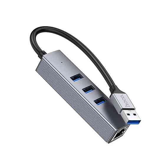 Кабель-перехiдник HOCO HB34 Easy link USB Gigabit Ethernet adapter(USB to USB3.0*3+RJ45) Metal Gray Київ