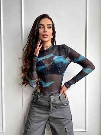 Жіночий напівпрозорий принтований боді зі стрейч сітки Чорний Одеса