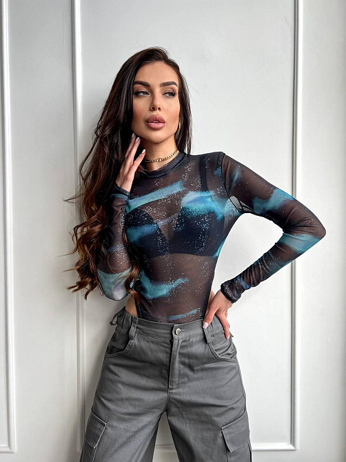 Жіночий напівпрозорий принтований боді зі стрейч сітки Чорний Одеса - фото 5