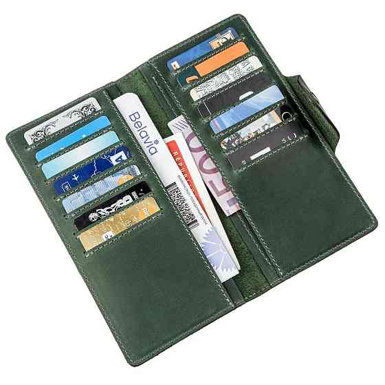 Гаманець унісекс вертикальний з вінтажної шкіри на кнопках SHVIGEL 16179 Зелений Київ