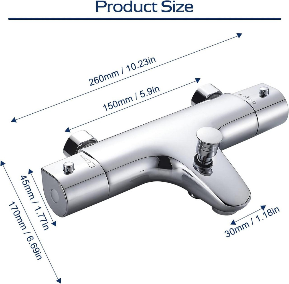 Термостатический смеситель для ванны SINKTORY с защитой 38℃, с двумя выходами воды, латунный, хромированный Киев - изображение 9