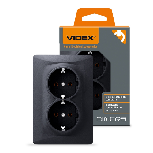 BINERA чорний графіт Розетка внутрішня 2-а із заземленням Videx Житомир