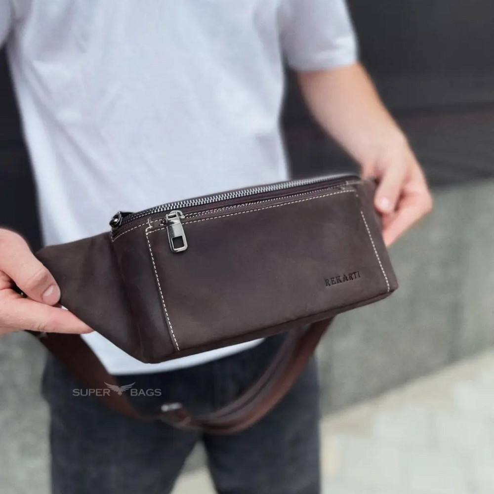 Коричнева чоловіча сумка через плече бананка з натуральної шкіри Київ - фото 2