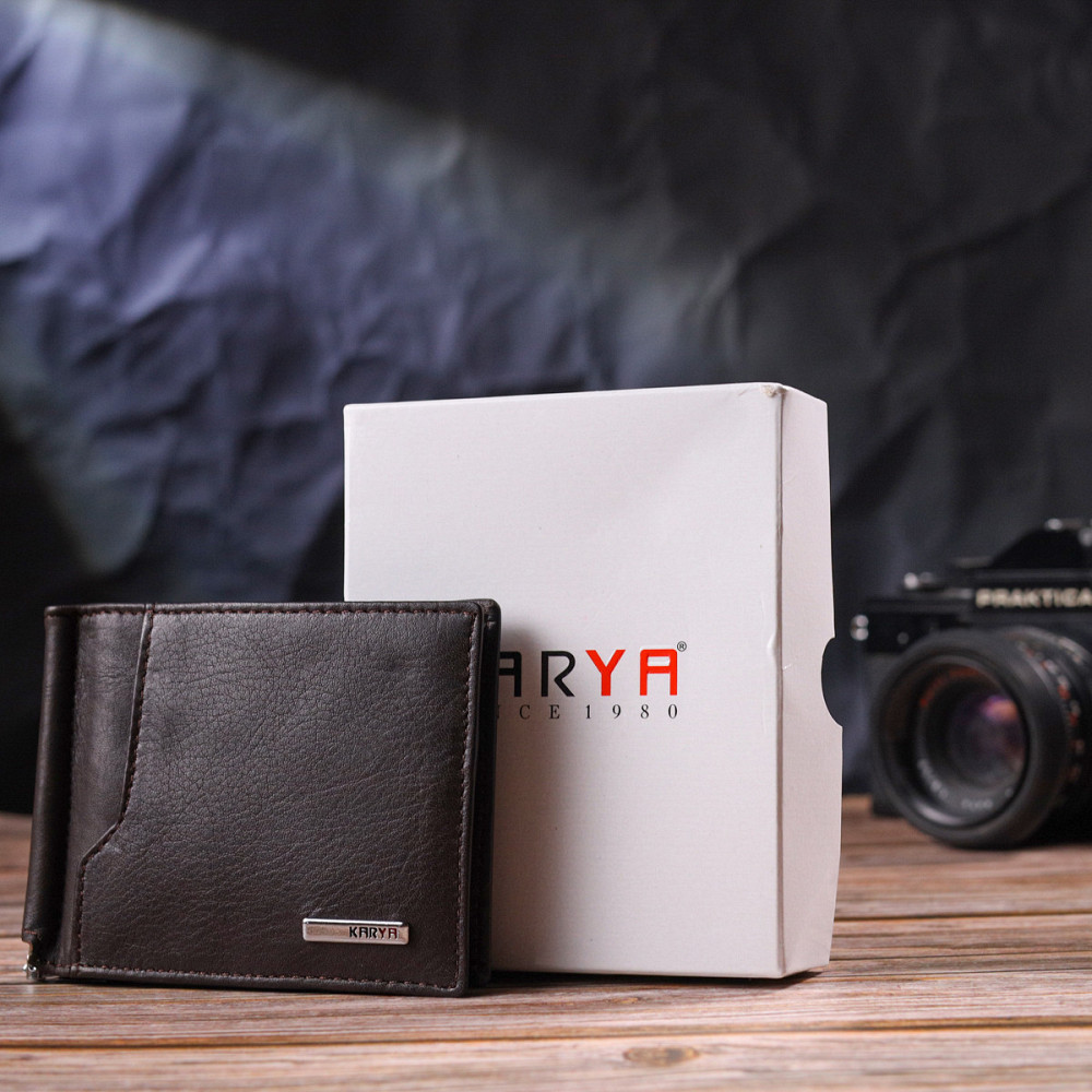 Надійний чоловічий затиск із натуральної шкіри KARYA 21417 Коричневий Київ - фото 1