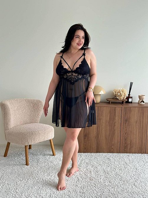 Еротичний пеньюар великих розмірів plus size прозорий з мереживом короткий з м'якими чашечками на бретелях з трусиками чорний 3XL Одеса - фото 5
