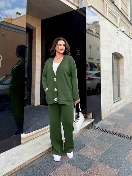 Женский базовый прогулочный костюм: кофта и штаны мелкая машинная вязка Хаки Одесса - изображение 1