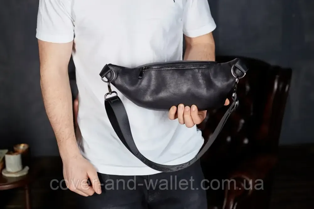 Стильна сумка-бананка із натуральної шкіри з відділенням для телефону Puos (чорна) Київ - фото 5