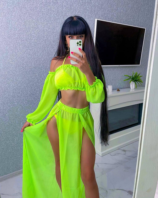 Женский яркий пляжный костюм двойка: топ и штаны шифон Салатовый Одесса - изображение 1