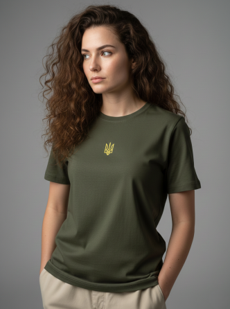 Женская футболка вышитая с маленьким Тризубом на груди в цвете хаки XXL Киев