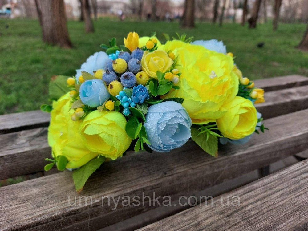 Ободок обруч з квітами "Піони великий жовто-блакитний" Кривий Ріг - фото 2