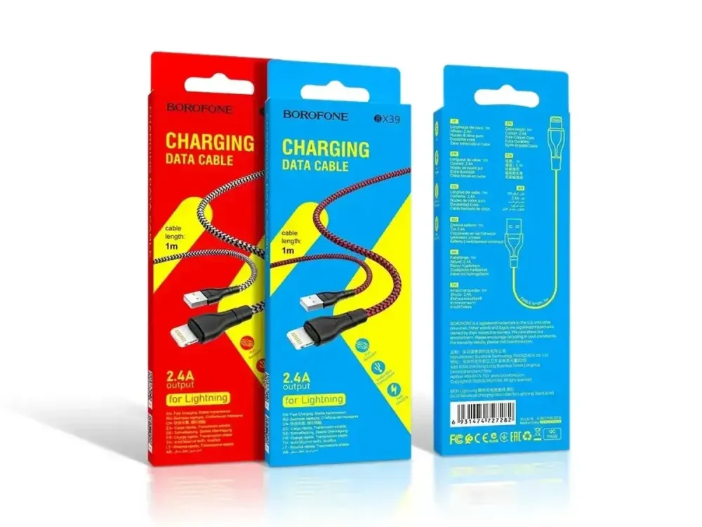 Кабель USB - Lightning Borofone 1м 2.4А швидка зарядка для iPhone iPad нейлоновий шнур із захисним чіпом Одеса - фото 1