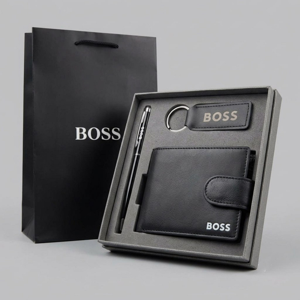 Мужской подарочный комплект, кошелек с брелоком и ручкой Boss (7704-3) Киев - изображение 10