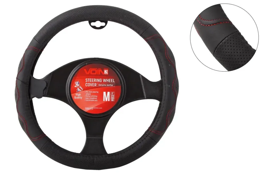 Оплетка на кермо шкіра M без запаху Voin L283-M чорний (червона нитка) Вінниця - фото 1